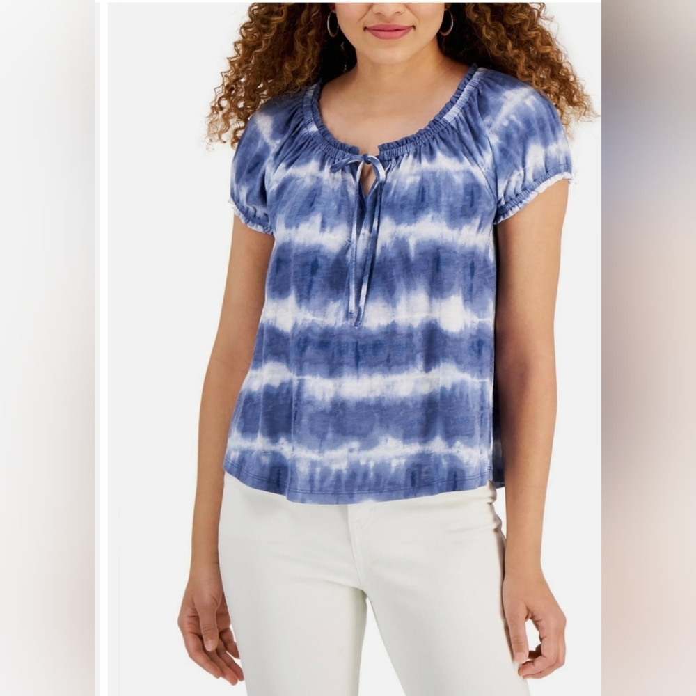 Style & Co. Blue White Tie-Dye Peasant Top